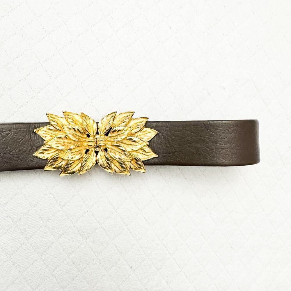 Vintage Gold Flower Brown Leather Belt Vintage Clasp Size M